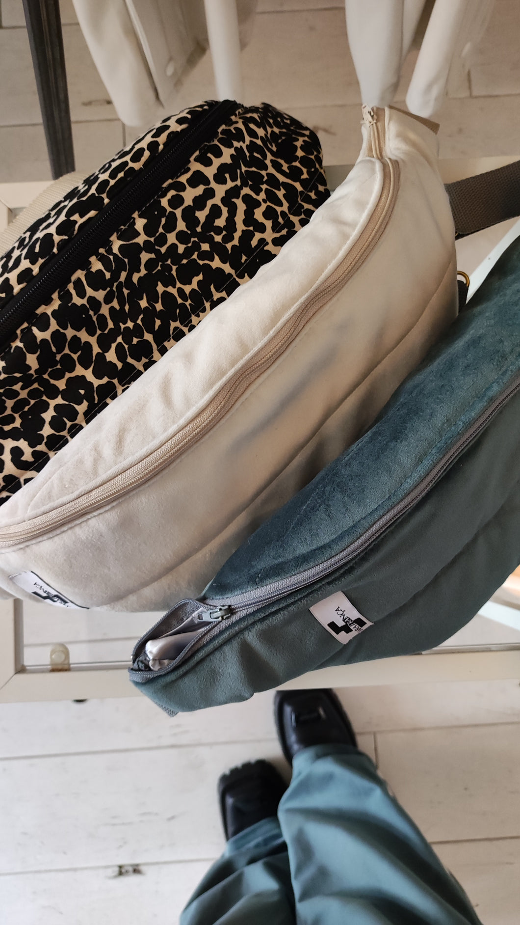 Waist bag in cream, printed or blue silver