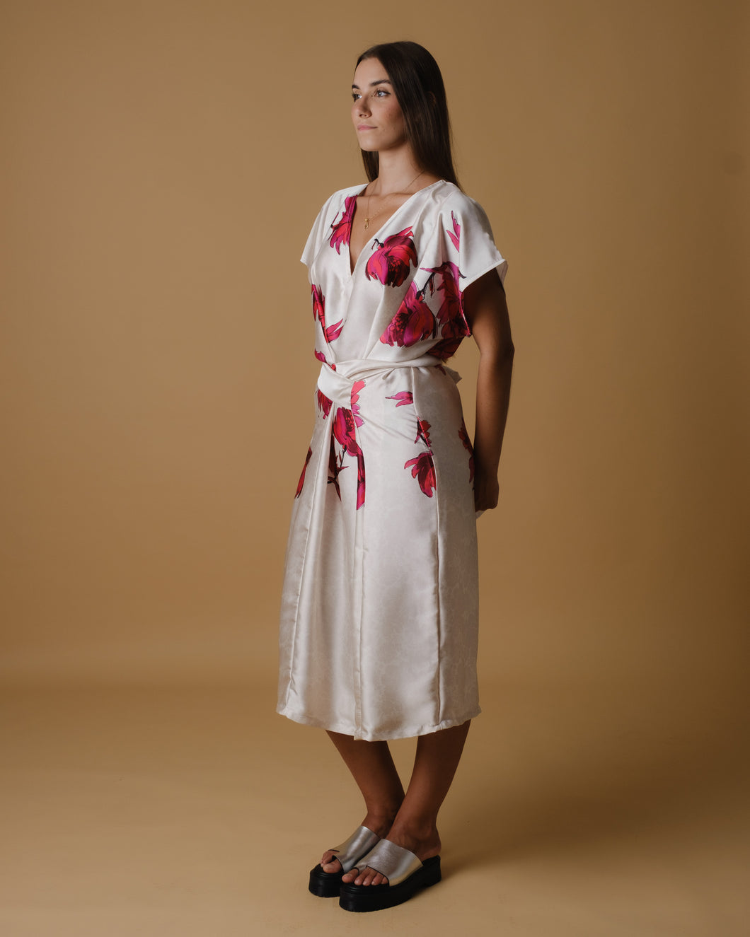 Belted printed silky dress