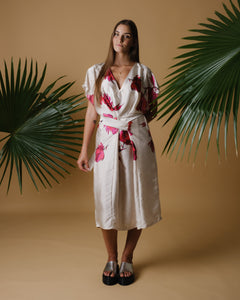 Belted printed silky dress