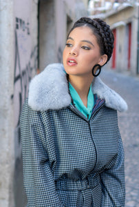Chess printed bomber jacket with rabbit fur