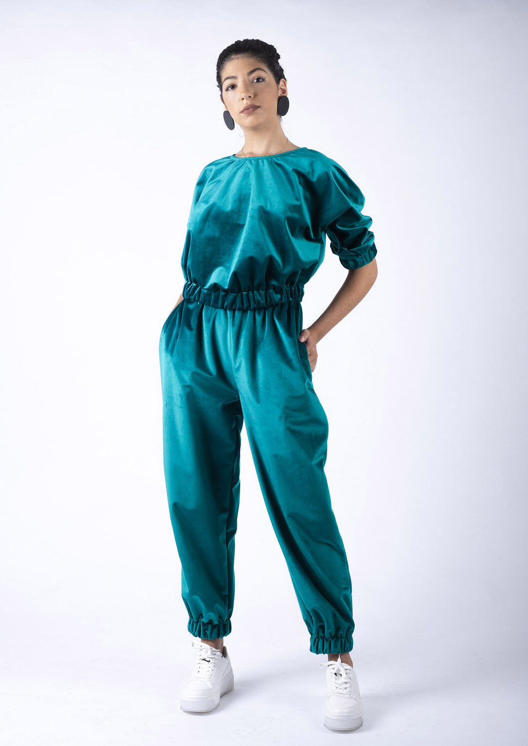 Petrol blue velvet trackpants