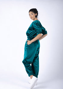 Petrol blue velvet trackpants