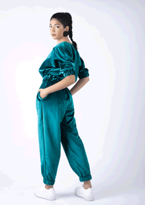 Petrol blue velvet trackpants